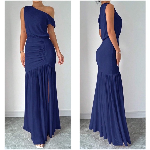Solid One Shoulder Split Thigh Ruched Party Maxi Dress - Picture 1 of 4